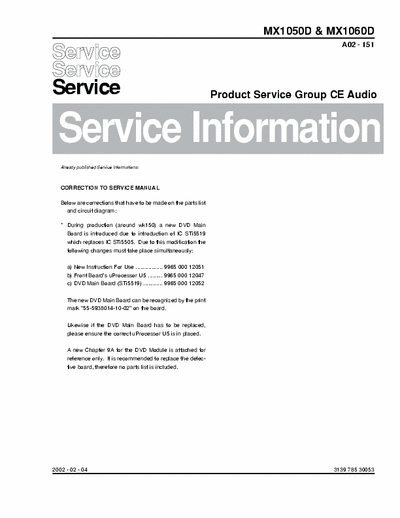Philips MX1050D  MX1060D Service Information Prod. Serv. Group CE Audio A02-151 (2002-02-04) - pag. 7